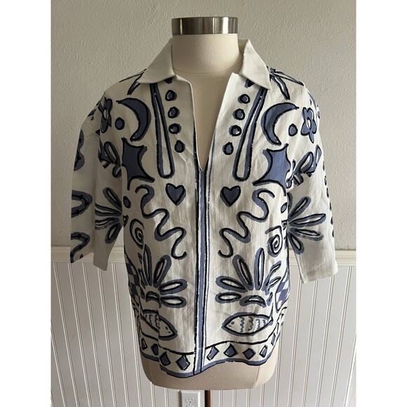 Cleobella Tops - Cleobella Collared Short Sleeve Blouse Cotton Linen Blue Graphic Print Beachy XS